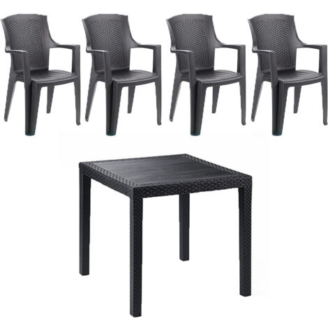 Tavolo da giardino con 4 sedie braccioli in resina antracite effetto rattan  bar pub ristorante balcone terrazza interno esterno