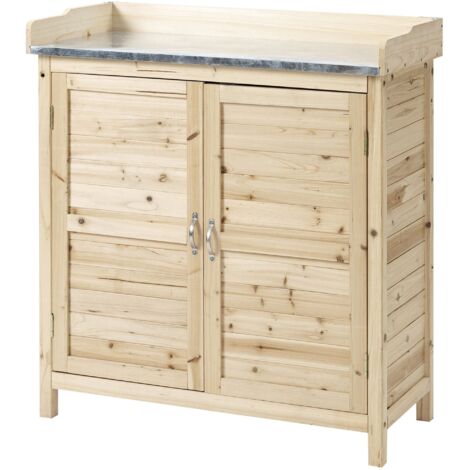 Tavolo da giardino con base in legno, mobiletto da giardino con 2 ripiani, capanno per attrezzi e mobiletto portaoggetti, naturale