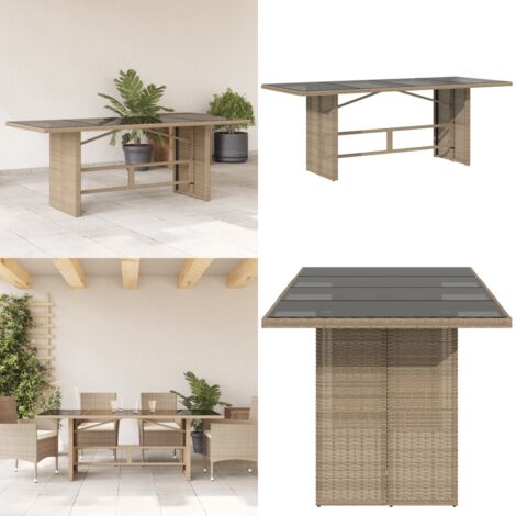 Tavolo da Giardino con Piano Vetro Beige 190x80x74cm Polyrattan - Piano in vetro - Rattan PE