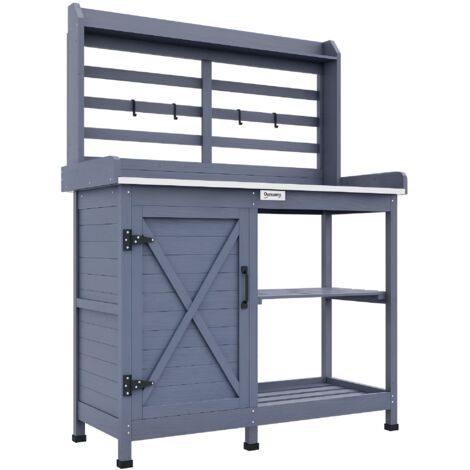 Tavolo da giardino con vano portaoggetti, piano di lavoro in alluminio, spazio contenitore, 112x47x146 cm, grigio