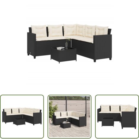 Tavolo da giardino -  Divano da Giardino con Tavolo e Cuscini a L Nero in Polyrattan
