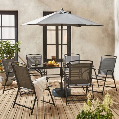 Tavolo da giardino in acciaio, 6 poltrone e 1 ombrellone, antracite - Grigio