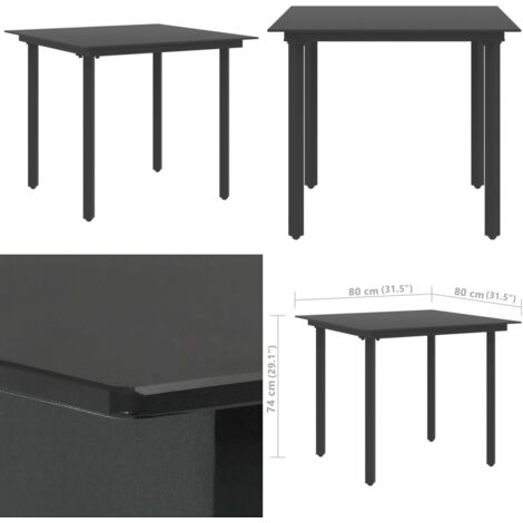 Tavolo da Giardino Nero 80x80x74 cm in Acciaio e Vetro - Tavolo da pranzo esterno - Tavolo in acciaio e vetro