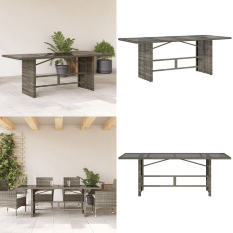 Tavolo da Giardino Piano in Vetro Grigio 190x80x75cm Polyrattan - Tavolo da giardino in rattan - Tavolo da giardino in acciaio