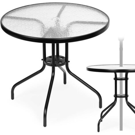 Tavolo da giardino rotondo 80 cm, per terrazzo, giardino, balcone, vetro temperato, foro per ombrellone, MultiGarden