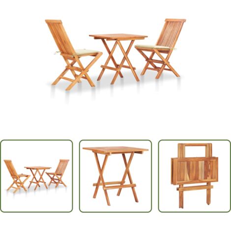 Tavolo da giardino -  Set da Bistrot 3 pz con Cuscini Crema in Legno Massello di Teak