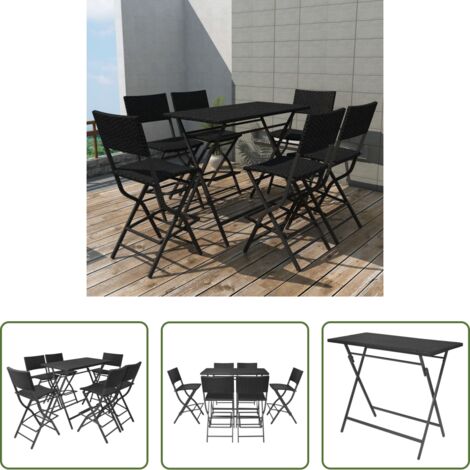 Tavolo da giardino -  Set da Giardino 7 pz Pieghevole in Acciaio e Polyrattan Nero