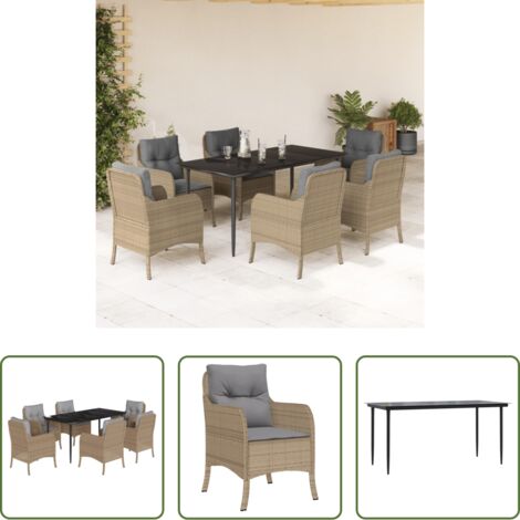 Tavolo da giardino -  Set da Pranzo da Giardino 7 pz con Cuscini Beige in Polyrattan