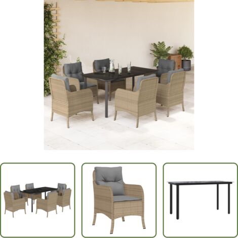 Tavolo da giardino -  Set da Pranzo da Giardino 7 pz con Cuscini Beige in Polyrattan