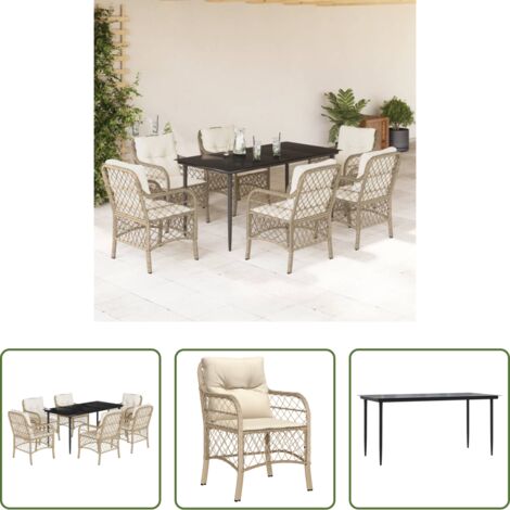 Tavolo da giardino -  Set da Pranzo da Giardino 7 pz con Cuscini Beige in Polyrattan