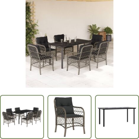 Tavolo da giardino -  Set da Pranzo da Giardino 7 pz con Cuscini in Polyrattan Grigio