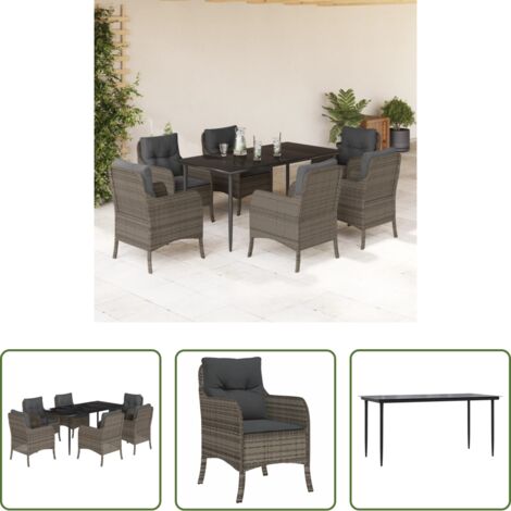 Tavolo da giardino -  Set da Pranzo da Giardino 7 pz con Cuscini in Polyrattan Grigio