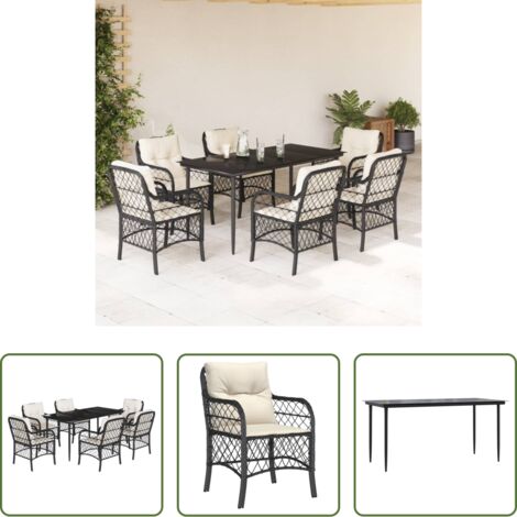Tavolo da giardino -  Set da Pranzo da Giardino 7 pz Nero con Cuscini in Polyrattan