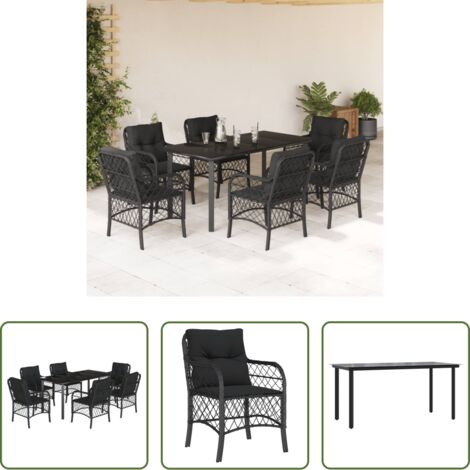 Tavolo da giardino -  Set da Pranzo da Giardino 7 pz Nero con Cuscini in Polyrattan