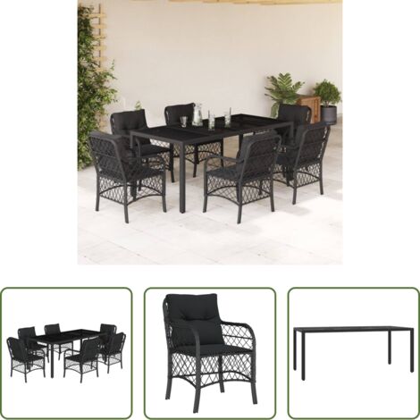 Tavolo da giardino -  Set da Pranzo da Giardino 7 pz Nero con Cuscini in Polyrattan