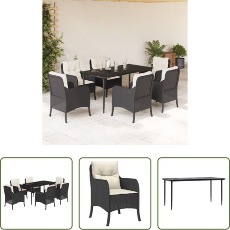 Tavolo da giardino -  Set da Pranzo da Giardino 7 pz Nero con Cuscini in Polyrattan