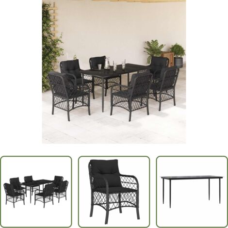Tavolo da giardino -  Set da Pranzo da Giardino 7 pz Nero con Cuscini in Polyrattan