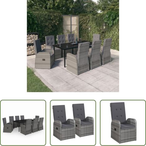Tavolo da giardino -  Set da Pranzo da Giardino 9 pz con Cuscini Grigio
