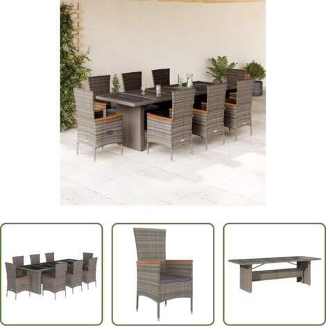 Tavolo da giardino -  Set da Pranzo da Giardino 9 pz con Cuscini in Polyrattan Grigio