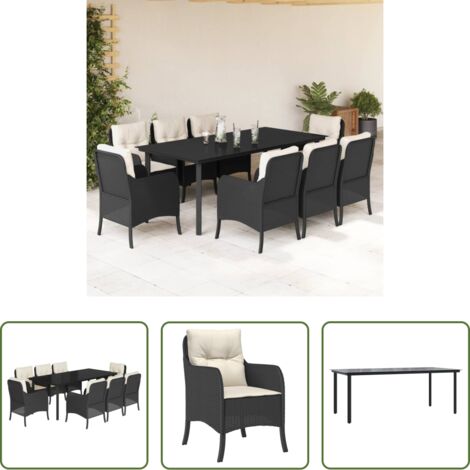 Tavolo da giardino -  Set da Pranzo da Giardino 9 pz con Cuscini Nero in Polyrattan