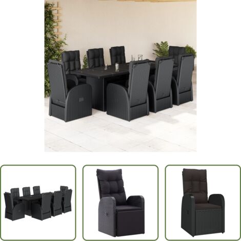 Tavolo da giardino -  Set da Pranzo da Giardino 9 pz con Cuscini Nero in Polyrattan