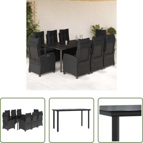 Tavolo da giardino -  Set da Pranzo da Giardino 9 pz con Cuscini Nero in Polyrattan