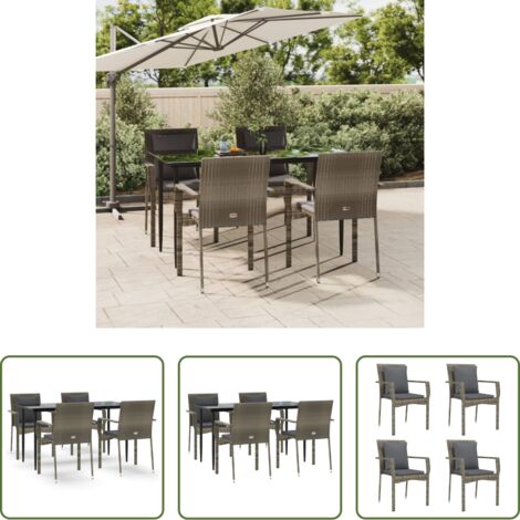 Tavolo da giardino -  Set da Pranzo Giardino 5pz Nero e Grigio con Cuscini Polyrattan