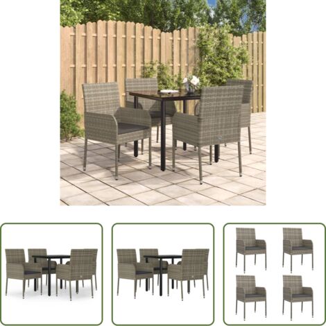 Tavolo da giardino -  Set da Pranzo Giardino 5pz Nero e Grigio con Cuscini Polyrattan
