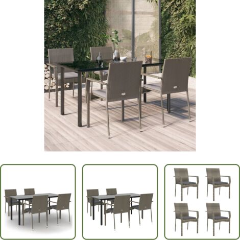 Tavolo da giardino -  Set da Pranzo Giardino 5pz Nero e Grigio con Cuscini Polyrattan