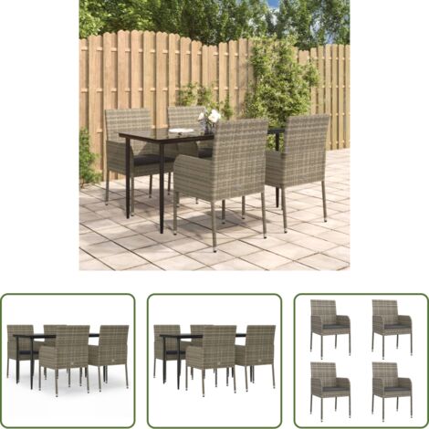 Tavolo da giardino -  Set da Pranzo Giardino 5pz Nero e Grigio con Cuscini Polyrattan