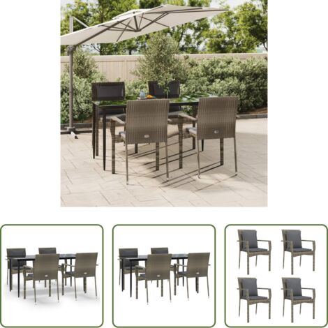 Tavolo da giardino -  Set da Pranzo Giardino 5pz Nero e Grigio con Cuscini Polyrattan