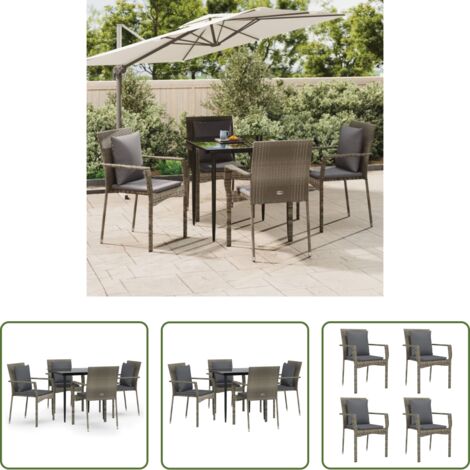 Tavolo da giardino -  Set da Pranzo Giardino 5pz Nero e Grigio con Cuscini Polyrattan