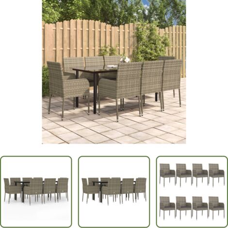 Tavolo da giardino -  Set da Pranzo Giardino 9pz con Cuscini Nero e Grigio Polyrattan