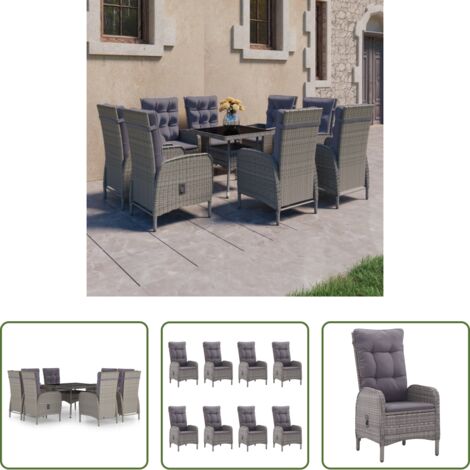 Tavolo da giardino -  Set da Pranzo per Giardino 9 pz in Polyrattan e Vetro Grigio