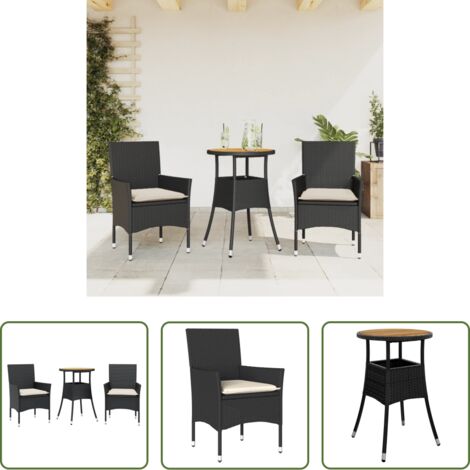Tavolo da giardino -  Set Pranzo da Giardino 3 pz con Cuscini Nero Polyrattan Acacia