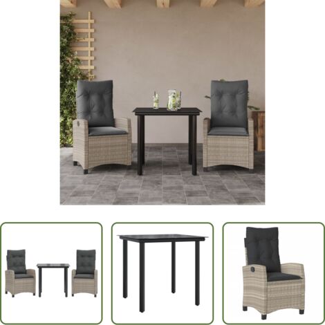 Tavolo da giardino -  Set Pranzo da Giardino 3pz con Cuscini Grigio Chiaro Polyrattan