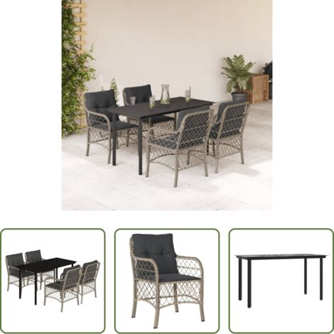Tavolo da giardino -  Set Pranzo da Giardino 5pz con Cuscini Grigio Chiaro Polyrattan