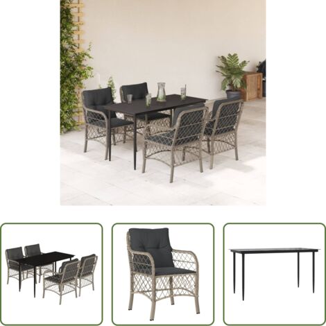 Tavolo da giardino -  Set Pranzo da Giardino 5pz con Cuscini Grigio Chiaro Polyrattan