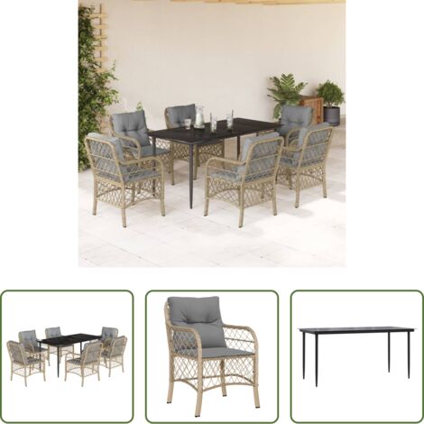Tavolo da giardino -  Set Pranzo da Giardino 7 pz con Cuscini Beige Misto Polyrattan