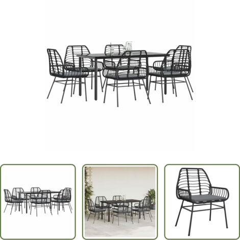 Tavolo da giardino -  Set Pranzo da Giardino 7 pz Nero con Cuscini Polyrattan Vetro