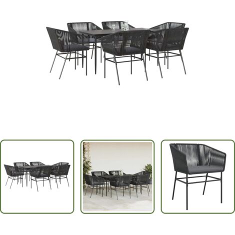 Tavolo da giardino -  Set Pranzo da Giardino 7 pz Nero con Cuscini Polyrattan Vetro