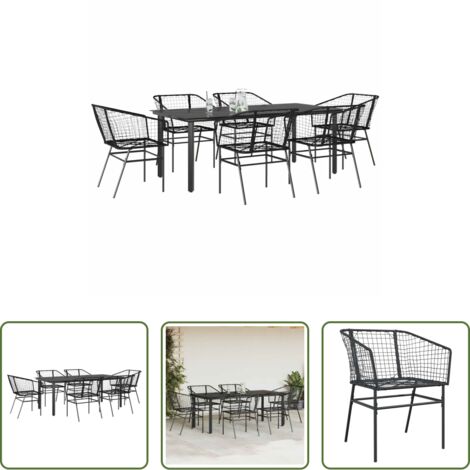 Tavolo da giardino -  Set Pranzo da Giardino 7 pz Nero Polyrattan Vetro