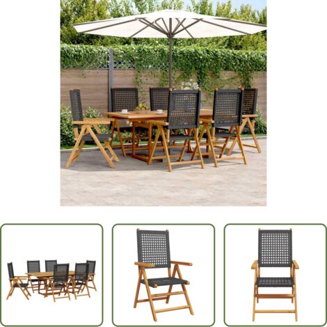 Tavolo da giardino -  Set Pranzo Giardino 7 pz Nero in Polyrattan e Legno Massello