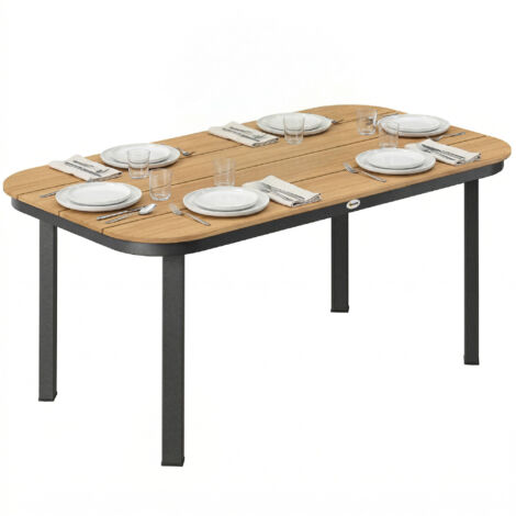 Tavolo da giardino, tavolo da pranzo per 6 persone, tavolo da balcone con struttura in metallo, piano a doghe in WPC, 155 x 88 x 72 cm, marrone