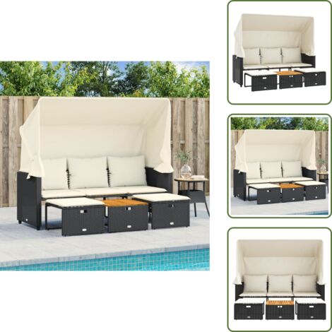 Tavolo da giardino - vidaXL Divano Giardino 3 Posti Baldacchino e Sgabelli Nero Polyrattan - Rattan PE
