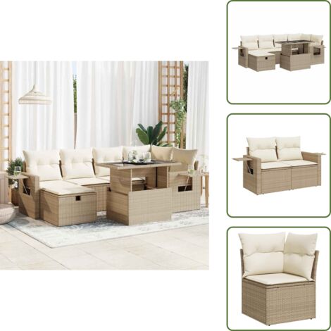 Tavolo da giardino - vidaXL Set Divani da Giardino 7 pz con Cuscini Beige in Polyrattan - Mobili da esterno