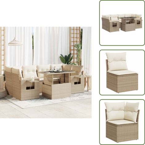 Tavolo da giardino - vidaXL Set Divani da Giardino 7 pz con Cuscini Beige in Polyrattan - Rattan PE