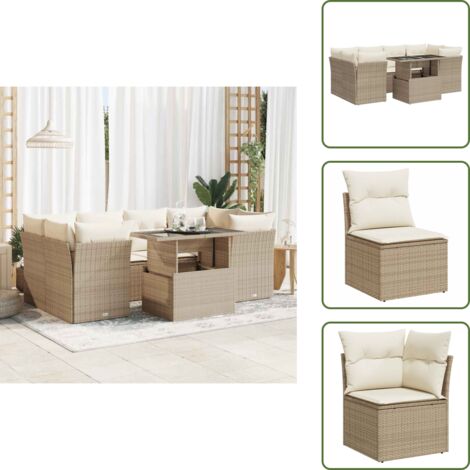 Tavolo da giardino - vidaXL Set Divani da Giardino 7 pz con Cuscini Beige in Polyrattan - Rattan PE