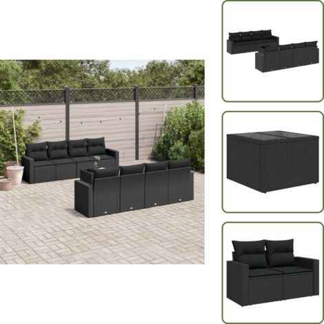 Tavolo da giardino - vidaXL Set Divani da Giardino 9 pz con Cuscini Nero in Polyrattan - Rattan PE