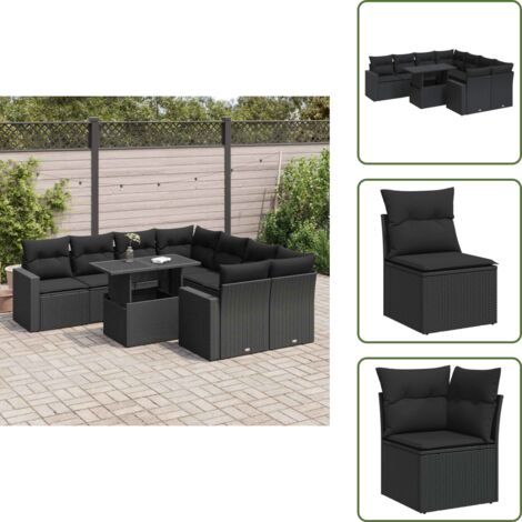 Tavolo da giardino - vidaXL Set Divani da Giardino 9 pz con Cuscini Nero in Polyrattan - Rattan PE